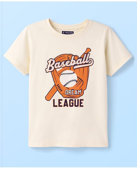 Pine Kids Cotton Knit Half Sleeves T-Shirt & Shorts Night-Suit With Baseball Print - Offwhite