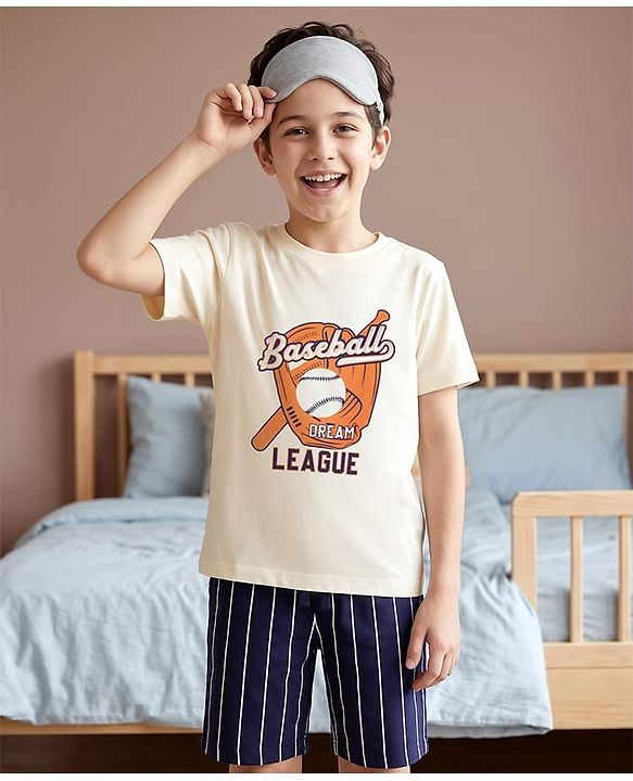 Pine Kids Cotton Knit Half Sleeves T-Shirt & Shorts Night-Suit With Baseball Print - Offwhite