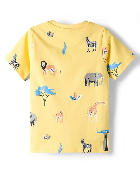 Pine Kids Cotton Knit Half Sleeves T-Shirt & Shorts Co-ord Night Suit With Animal Print - Yellow