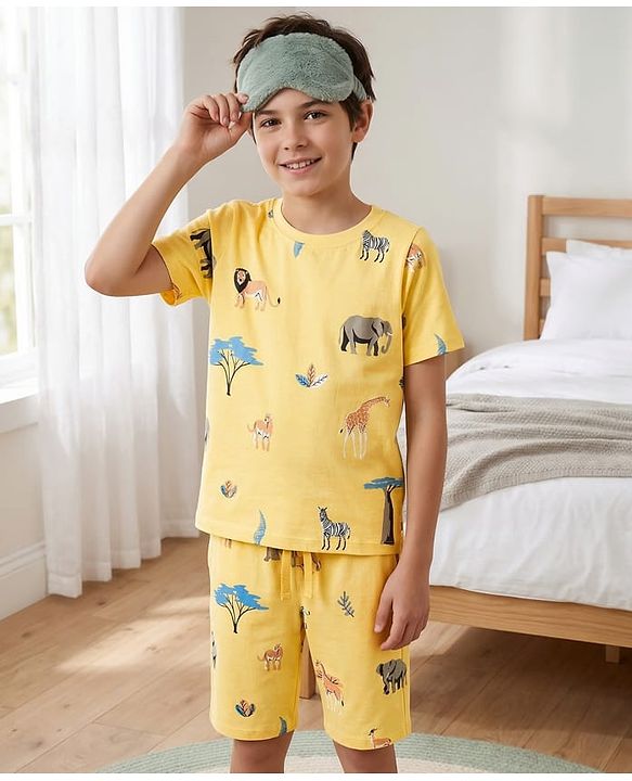 Pine Kids Cotton Knit Half Sleeves T-Shirt & Shorts Co-ord Night Suit With Animal Print - Yellow