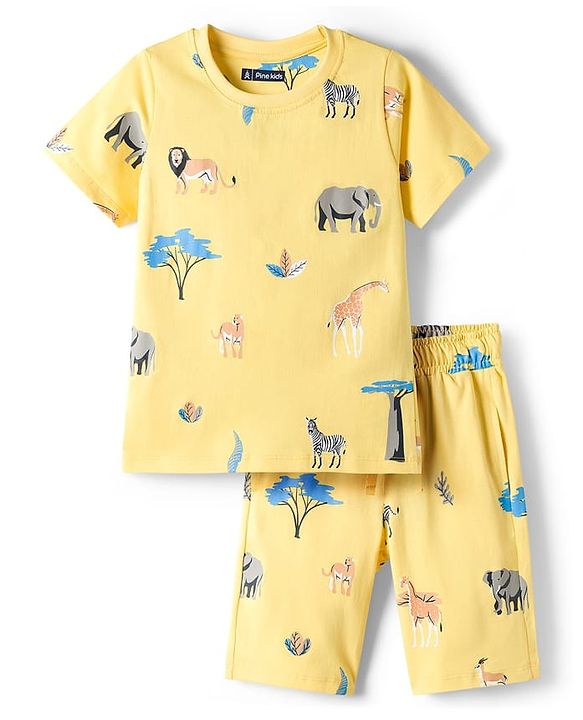 Pine Kids Cotton Knit Half Sleeves T-Shirt & Shorts Co-ord Night Suit With Animal Print - Yellow