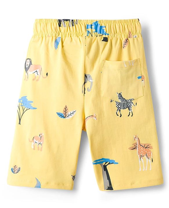 Pine Kids Cotton Knit Half Sleeves T-Shirt & Shorts Co-ord Night Suit With Animal Print - Yellow