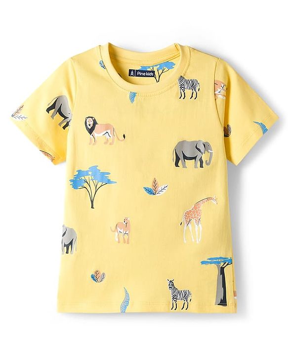 Pine Kids Cotton Knit Half Sleeves T-Shirt & Shorts Co-ord Night Suit With Animal Print - Yellow
