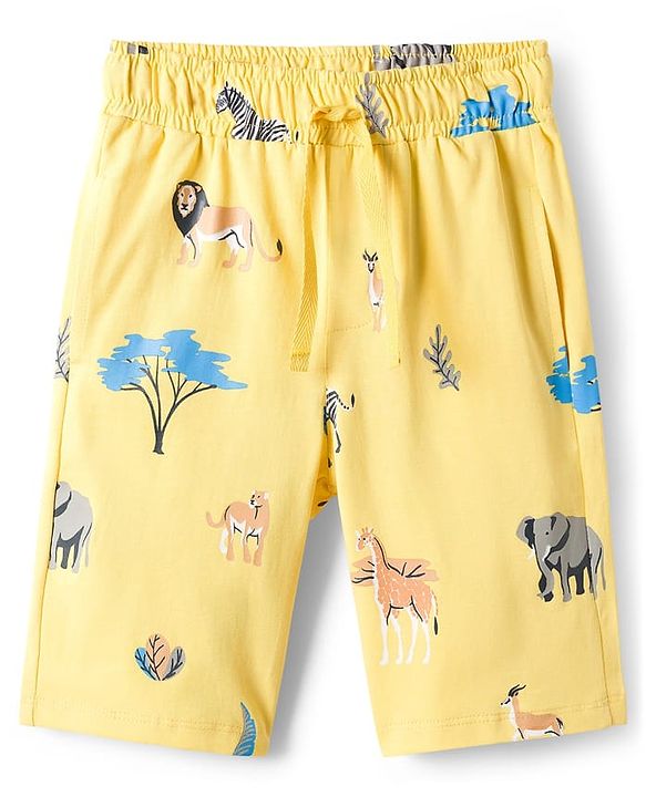 Pine Kids Cotton Knit Half Sleeves T-Shirt & Shorts Co-ord Night Suit With Animal Print - Yellow