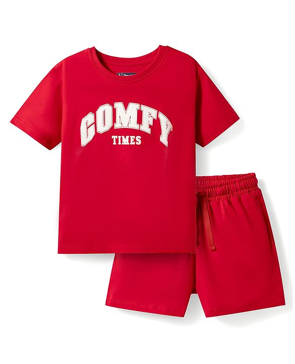 Pine Kids Cotton Knit Half Sleeves T-Shirt & Shorts Night Suit with Text Print - Red