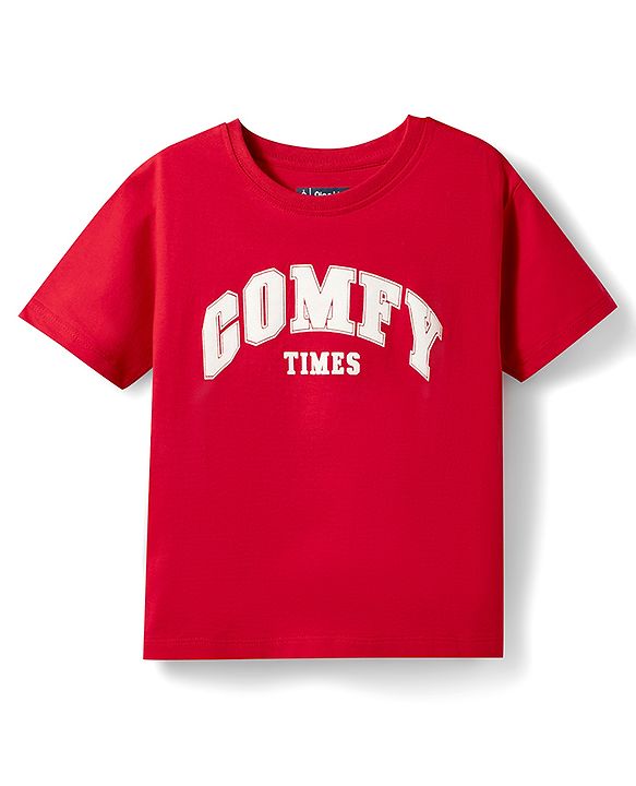 Pine Kids Cotton Knit Half Sleeves T-Shirt & Shorts Night Suit with Text Print - Red