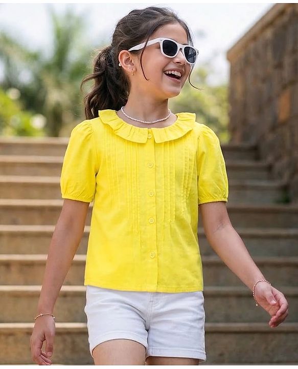Pine Kids 100% Cotton Woven Half Sleeves Solid Pintuck Top -Yellow