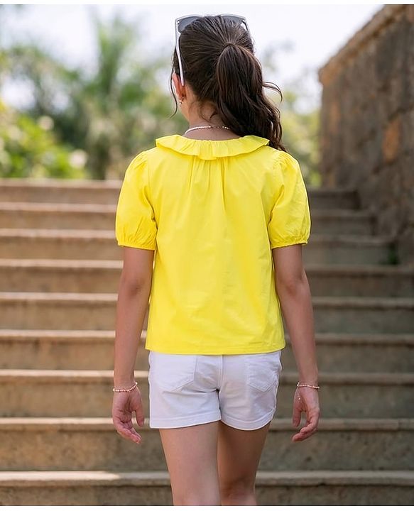 Pine Kids 100% Cotton Woven Half Sleeves Solid Pintuck Top -Yellow