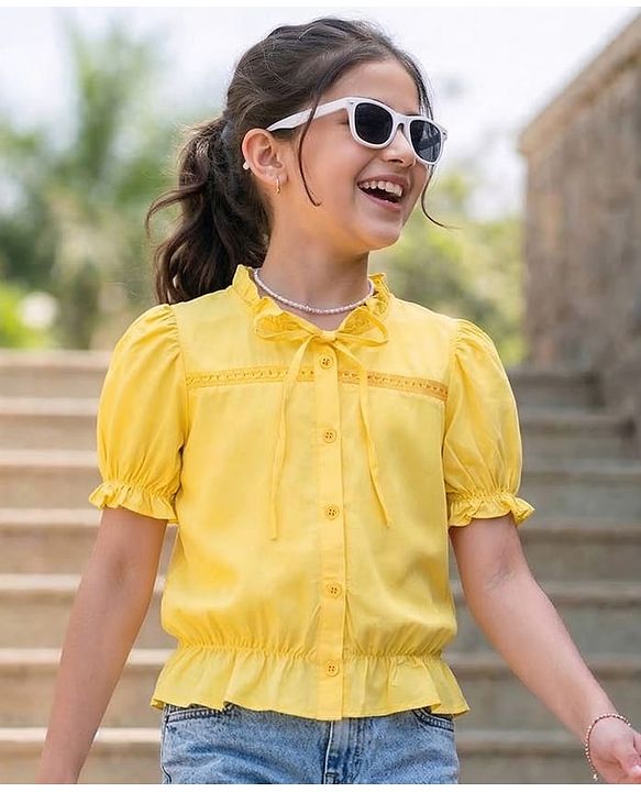 Pine Kids 100% Cotton Woven Half Sleeves Top With Embroidery Detailing - Yellow