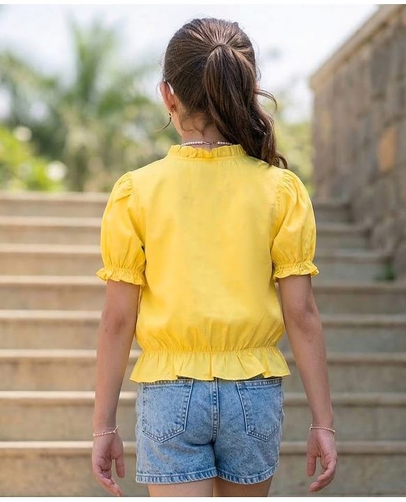 Pine Kids 100% Cotton Woven Half Sleeves Top With Embroidery Detailing - Yellow