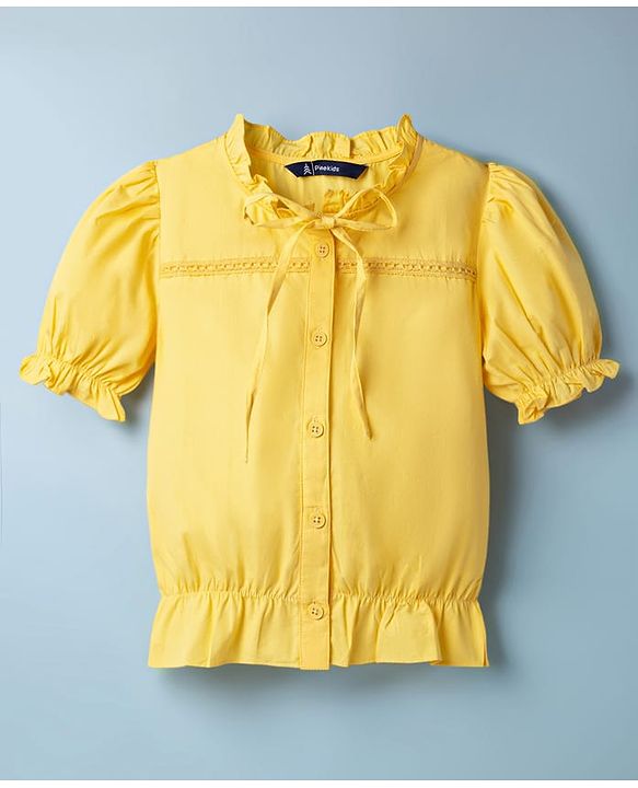 Pine Kids 100% Cotton Woven Half Sleeves Top With Embroidery Detailing - Yellow