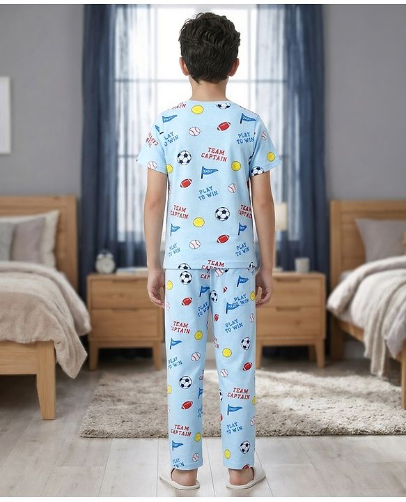 Pine Kids Cotton Knit Half Sleeves Co-Ord T-Shirt & Pyjama Night-Suit With Sports Print - Sky Blue