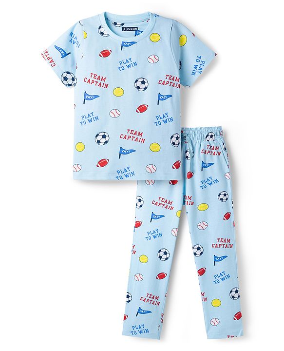 Pine Kids Cotton Knit Half Sleeves Co-Ord T-Shirt & Pyjama Night-Suit With Sports Print - Sky Blue