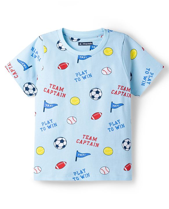 Pine Kids Cotton Knit Half Sleeves Co-Ord T-Shirt & Pyjama Night-Suit With Sports Print - Sky Blue