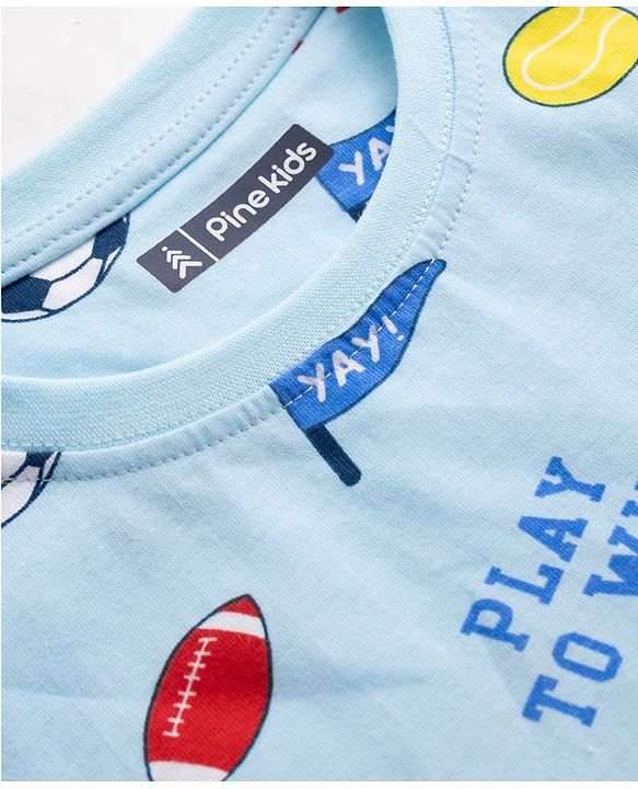 Pine Kids Cotton Knit Half Sleeves Co-Ord T-Shirt & Pyjama Night-Suit With Sports Print - Sky Blue