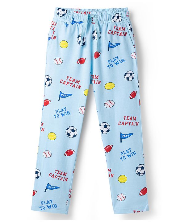 Pine Kids Cotton Knit Half Sleeves Co-Ord T-Shirt & Pyjama Night-Suit With Sports Print - Sky Blue