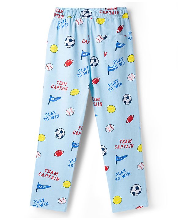 Pine Kids Cotton Knit Half Sleeves Co-Ord T-Shirt & Pyjama Night-Suit With Sports Print - Sky Blue