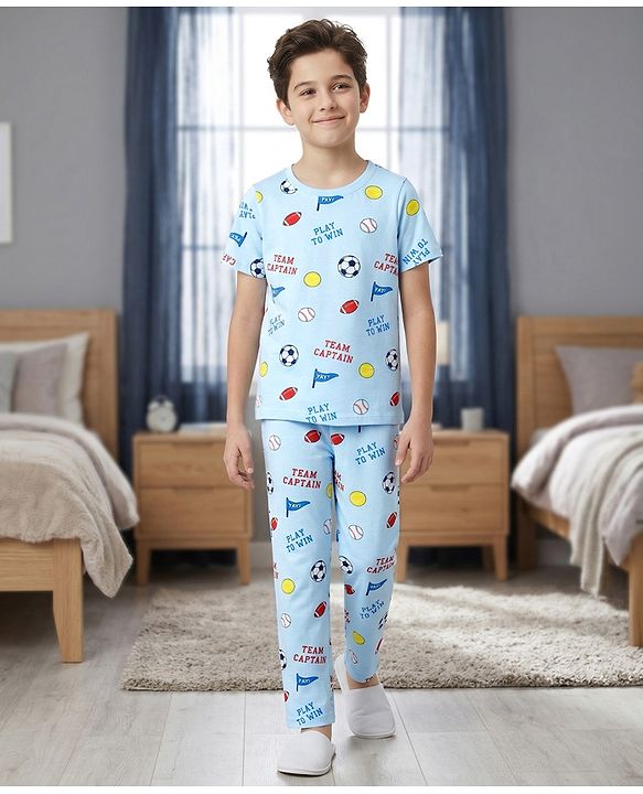 Pine Kids Cotton Knit Half Sleeves Co-Ord T-Shirt & Pyjama Night-Suit With Sports Print - Sky Blue