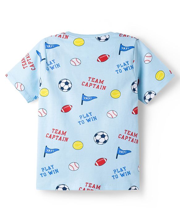 Pine Kids Cotton Knit Half Sleeves Co-Ord T-Shirt & Pyjama Night-Suit With Sports Print - Sky Blue