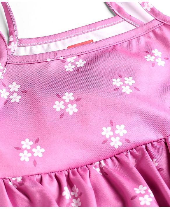 Babyhug Water Repellent Sleeveless Frock Swimsuit With Floral Print - Pink