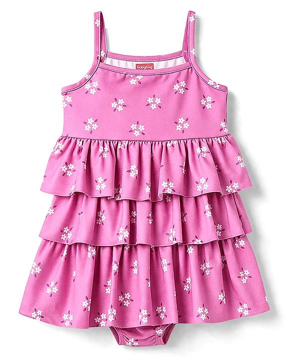 Babyhug Water Repellent Sleeveless Frock Swimsuit With Floral Print - Pink
