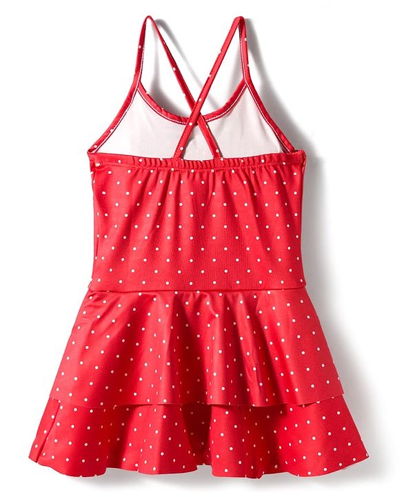 Babyhug Sleeveless Water Repellent Frock Swimsuit with Bow Applique & Polka Dot Print - Red