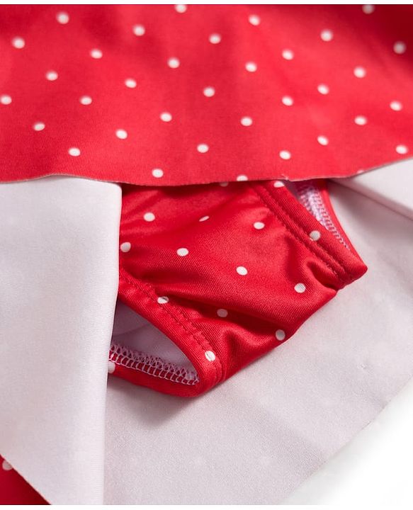 Babyhug Sleeveless Water Repellent Frock Swimsuit with Bow Applique & Polka Dot Print - Red