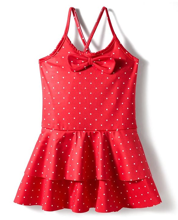 Babyhug Sleeveless Water Repellent Frock Swimsuit with Bow Applique & Polka Dot Print - Red