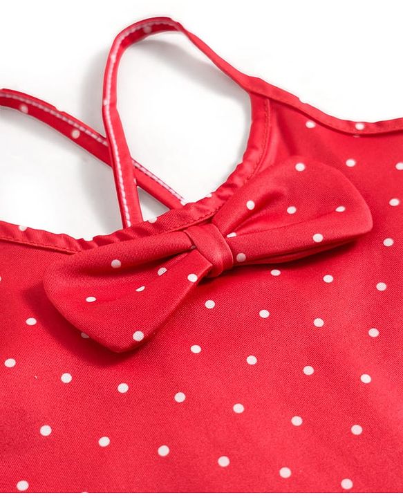 Babyhug Sleeveless Water Repellent Frock Swimsuit with Bow Applique & Polka Dot Print - Red