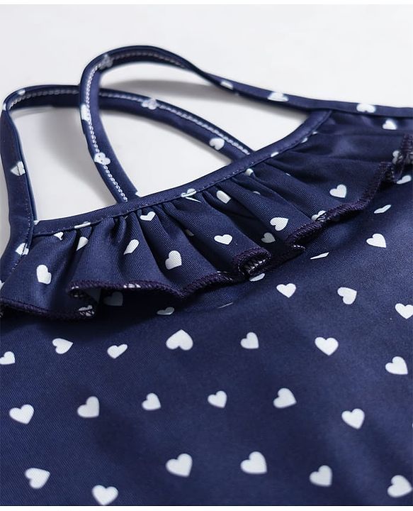 Babyhug Water Repellant Frock Swimsuit With Heart Print - Navy Blue