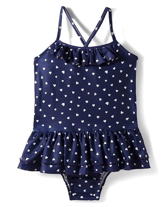 Babyhug Water Repellant Frock Swimsuit With Heart Print - Navy Blue