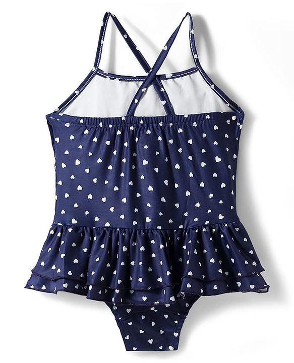 Babyhug Water Repellant Frock Swimsuit With Heart Print - Navy Blue
