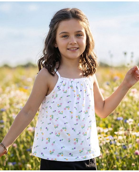 Pine Kids Cotton Knit Sleeveless Floral Printed Top - Multicolour