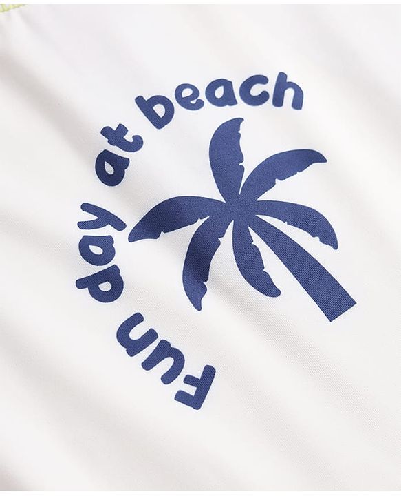 Babyhug Water Repellent Full Sleeve Two Piece Swimsuit With Beach Theme - White