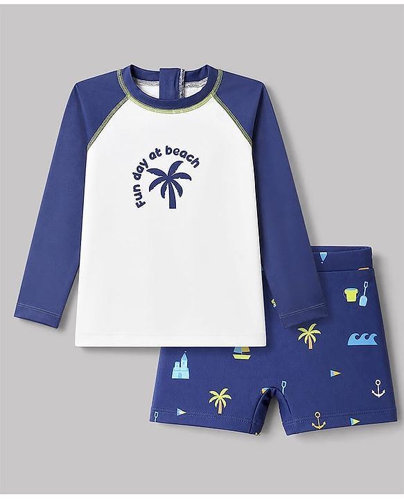 Babyhug Water Repellent Full Sleeve Two Piece Swimsuit With Beach Theme - White