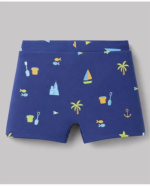 Babyhug Water Repellent Full Sleeve Two Piece Swimsuit With Beach Theme - White