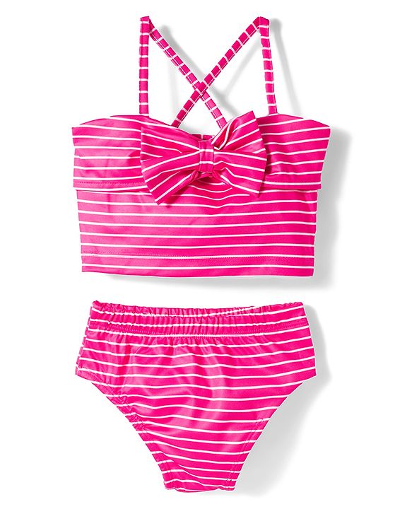 Babyhug Water Repellent Sleeveless Striped Two Piece Swimsuit With Bow Applique - Pink