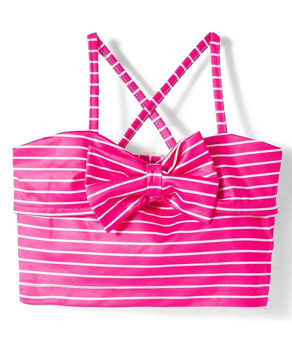 Babyhug Water Repellent Sleeveless Striped Two Piece Swimsuit With Bow Applique - Pink