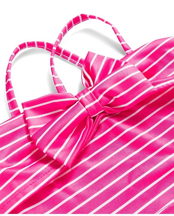 Babyhug Water Repellent Sleeveless Striped Two Piece Swimsuit With Bow Applique - Pink