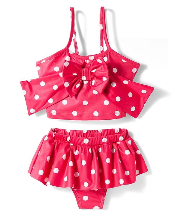 Babyhug Water Repellent Sleeveless Two Piece Swimsuit With Polka Dot Print & Bow Applique - Red