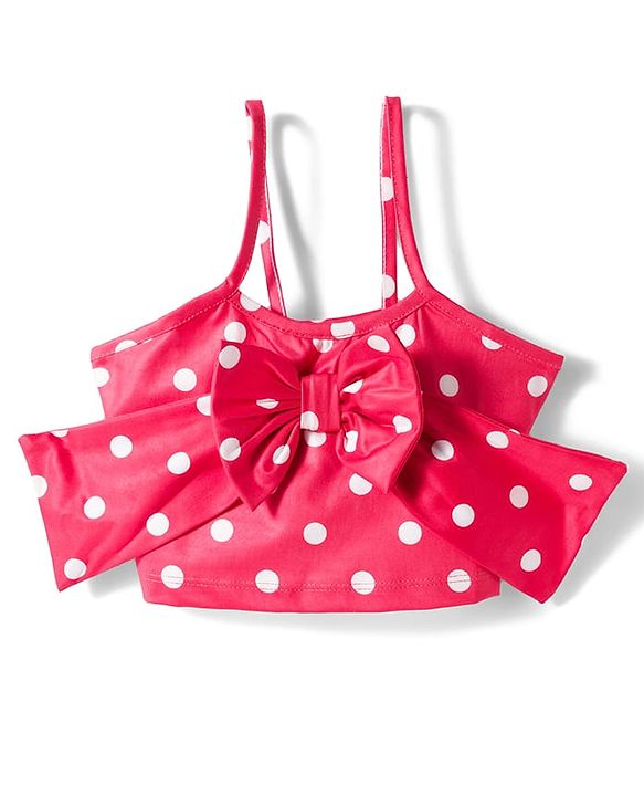 Babyhug Water Repellent Sleeveless Two Piece Swimsuit With Polka Dot Print & Bow Applique - Red