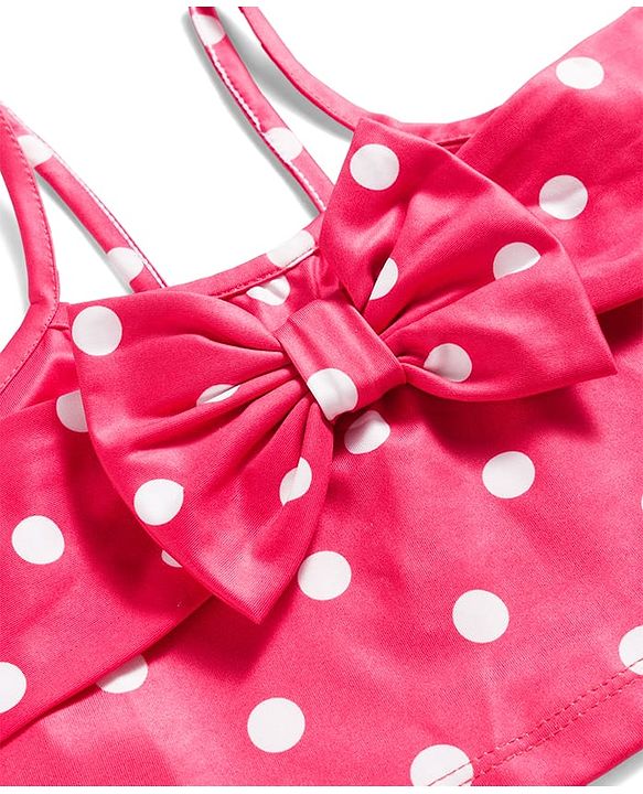 Babyhug Water Repellent Sleeveless Two Piece Swimsuit With Polka Dot Print & Bow Applique - Red