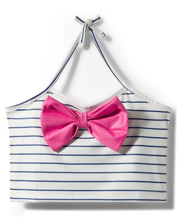 Babyhug Water Repellent Sleeveless Striped Two Piece Swimsuit with Bow Applique - Navy Blue