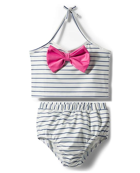 Babyhug Water Repellent Sleeveless Striped Two Piece Swimsuit with Bow Applique - Navy Blue