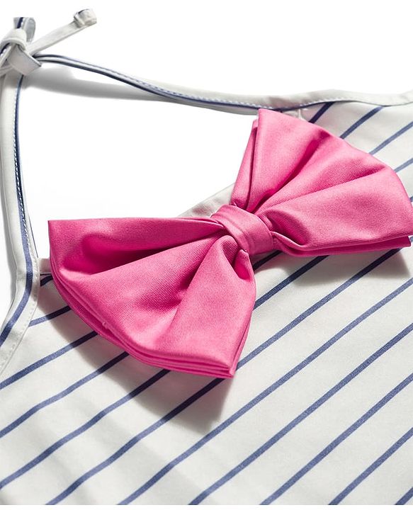 Babyhug Water Repellent Sleeveless Striped Two Piece Swimsuit with Bow Applique - Navy Blue