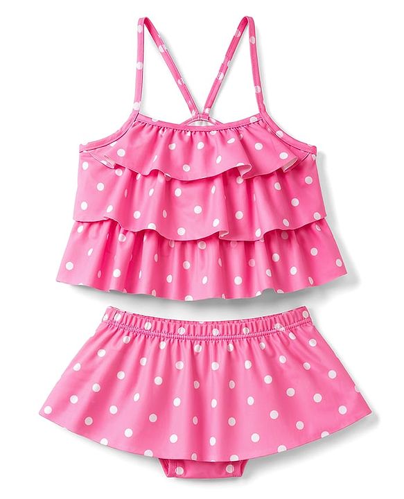 Babyhug Water Repellant Sleeveless Two Piece Swimsuit With Polka Dots Print - Pink