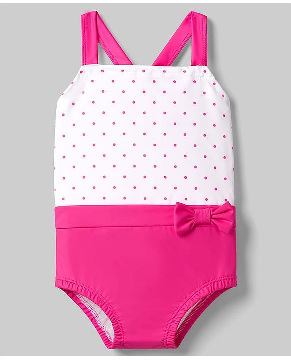 Babyhug Water Repellant V Cut Swimsuit With Polka Dots Print & Bow Print - White & Pink