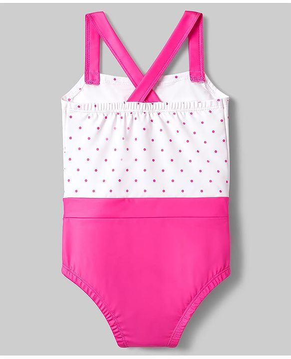 Babyhug Water Repellant V Cut Swimsuit With Polka Dots Print & Bow Print - White & Pink