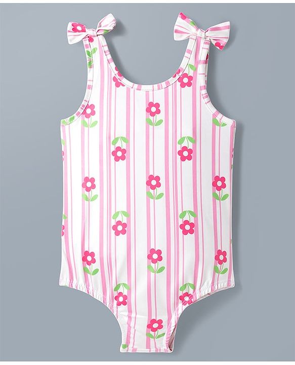 Babyhug Water Repellant V Cut Swimsuit With Floral Print & Bow Applique - Pink