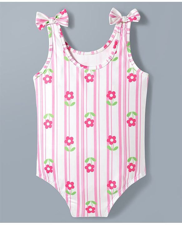 Babyhug Water Repellant V Cut Swimsuit With Floral Print & Bow Applique - Pink
